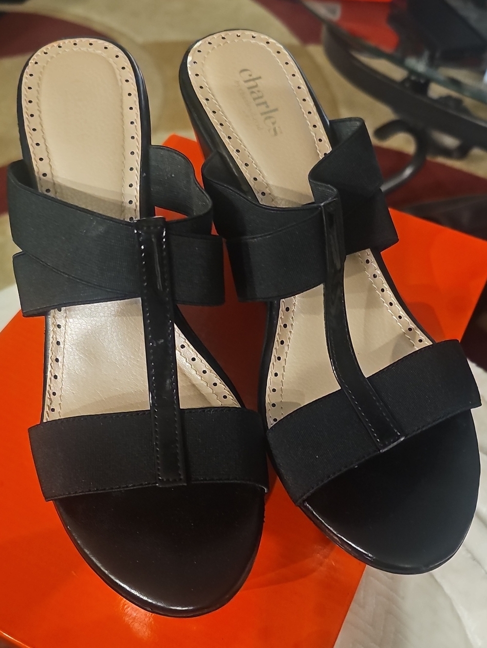 Charles David Black Patent Elastic Wedge Sandals